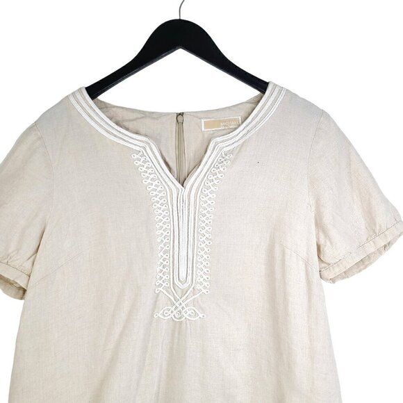 Michael Kors Tan Beige Embroidered 100% Linen V Neck Tunic Top - Picture 6 of 11